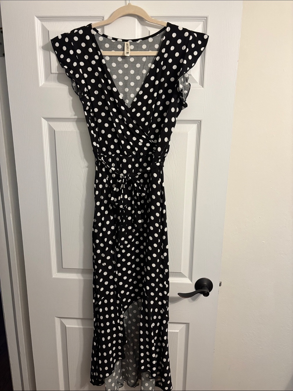 Polka Dot High-Low Wrap Dress - Black/White